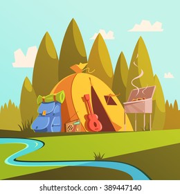 Hiking and tent background with river forest and barbecue cartoon vector illustration 