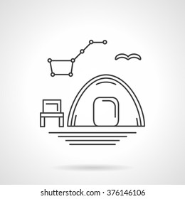 Hiking tent and chair under a sky with the constellation of Great Bear. Overnight rest. Vector icon flat thin line style. Element for web design, business, mobile app. 