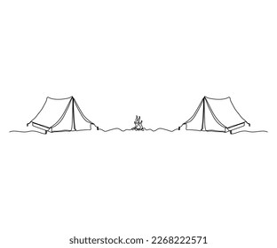 hiking, tents and campfire, camping, hand-drawn, continuous monoline, drawing in one line