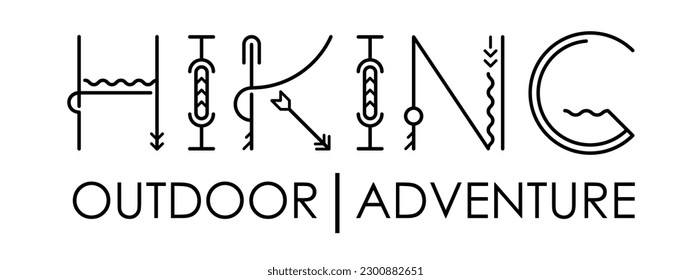Hiking. Text logo. Adventure typography design for t-shirt, tee, poster, banner, card. Vector black and white illustration. Hand drawn lettering typography text. Adventure, Hiking travel logo print.
