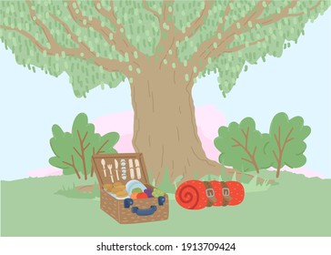 Hiking things, a basket of food and picnic utensils, a camping tent, camping with friends, a trip to the mountains, a park with green grass. Vector illustration