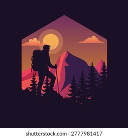 Hiking through mountains and pine trees, a solitary hiker enjoys the sunset. Ideal for outdoor, adventure, nature, relaxation, and travel concepts.