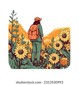 Hiking through sunflower fields at sunset icon isolated