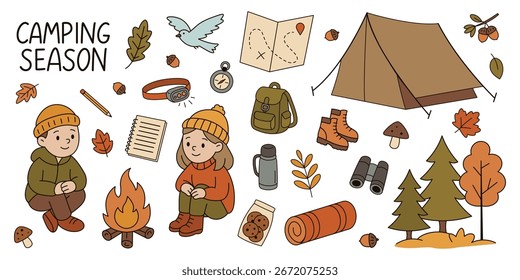 Wanderzeit einzeln auf weißem Hintergrund. Junge und Mädchen sitzen am Feuer. Doodle-Stil