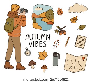 Wanderzeit einzeln auf weißem Hintergrund. Eine Frau fotografiert die Natur. Doodle-Stil