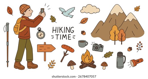Conjunto de tiempo de senderismo aislado sobre fondo blanco. Turista masculino toma una foto de un pájaro. Estilo Doodle