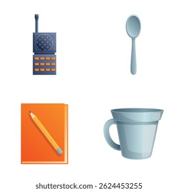 Hiking tool icons set cartoon vector. Various equipment for tourism. Active recreation, hobby