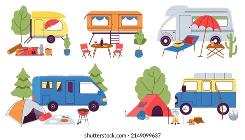 Hiking tools and camping rest. Flat tent, campers and home on wheels. Trip adventures on nature. Summer recreational equipment decent vector scenes