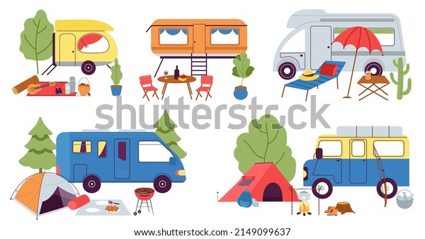 Hiking tools and camping rest. Flat tent, campers\
and home on wheels. Trip adventures on nature. Summer recreational\
equipment decent vector\
scenes