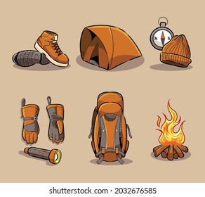 Hiking tools set vector collection