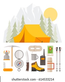 Hiking tourism. Camping. Outfit of traveler: tent in the woods, compass, thermos, knife, GPS, shoes, trekking sticks. Base camp gear and accessories.