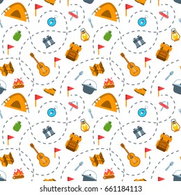 Hiking Tourism Seamless Pattern. Wild Nature Travel Vector Flat Tileable Background. Simple Icons Of Camping Tools On White Backdrop. Vacation Outdoor Activity. Wallpaper, Wrapping, Pack Paper Design