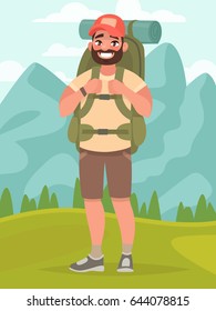 Hiking tourist man with large backpack in the background of a mountain landscape. Vector illustration in cartoon style