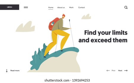 Hiking Tourist in the Mountains Adventure Landing Page. Traveling Man with Backpack Walking and Trekking. Tourism Concept with Backpacker Character Website Banner. Vector flat cartoon illustration