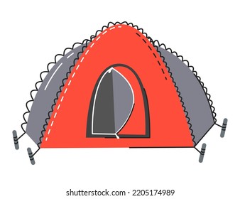 Hiking tourist tent for outdoor activities isolated on white background. Tourist dome concept design. Adventure and sports tourism season. Summer camping house hand drawn flat vector illustration