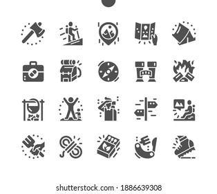 Hiking. Tourist at the top of the mountain. Compass, map, tourist backpack, binoculars and tourist tent. Adventures and hobbies. Vector Solid Icons. Simple Pictogram