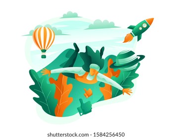 Hiking Tourist Travel with Bakcpack Mobile App Set. People Character Trekking Healthy Lifestyle. Man Scout to Map Route Point Concept for Website or Web Page. Vector Flat Cartoon Illustration