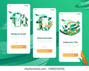 Hiking Tourist Travel with Bakcpack Mobile App Set. People Character Trekking Healthy Lifestyle. Man Scout to Map Route Point Concept for Website or Web Page. Vector Flat Cartoon Illustration