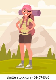 Hiking tourist woman with large backpack in the background of a mountain landscape. Vector illustration in cartoon style