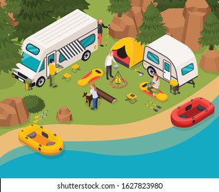 Hiking tourists camping holidays isometric composition with camper tent campfire cooking campingsite near river boats vector illustration 