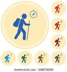 Hiking tourists with compass icon. Vector illustration