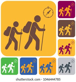 Hiking tourists with compass icon. Vector illustration