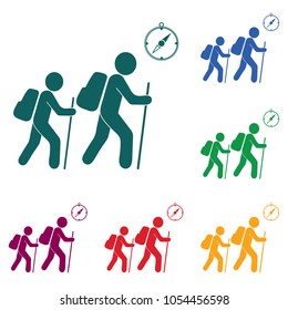 Hiking tourists with compass icon. Vector illustration

