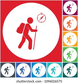 Hiking tourists with compass icon. Vector illustration