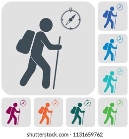 Hiking tourists with compass icon. Vector illustration


