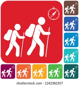 Hiking tourists with compass icon. Vector illustration

