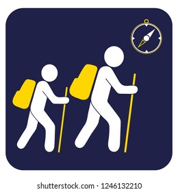 Hiking tourists with compass icon. Vector illustration