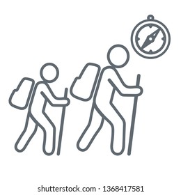 Hiking tourists with compass icon. Vector illustration