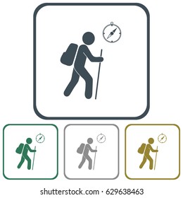 Hiking tourists with compass icon. Vector illustration