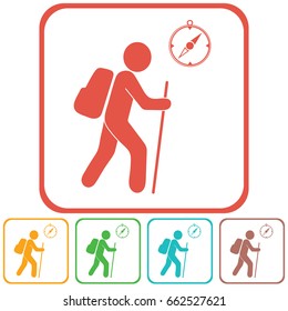 Hiking tourists with compass icon. Vector illustration