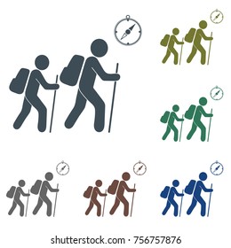 Hiking tourists with compass icon. Vector illustration