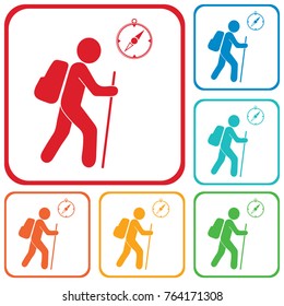 Hiking tourists with compass icon. Vector illustration