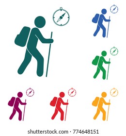 Hiking tourists with compass icon. Vector illustration