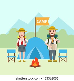 hiking tourists man and woman  camping tent on the camp