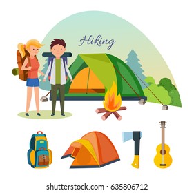 Hiking tourists walk and travel. Tourists, engaged in hiking, and camping, as well as basic equipment and facilities in joint hikes. Modern vector illustration isolated on white background.