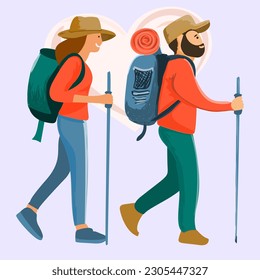 Hiking tourists walk. A young family couple. Vector illustration of a flat design Illustration of Young African American Couple Hiking in Mountains
