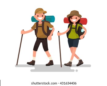 Hiking tourists walk. A young family couple. Vector illustration of a flat design