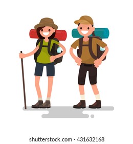 Hiking tourists. Young family couple. Vector illustration of a flat design