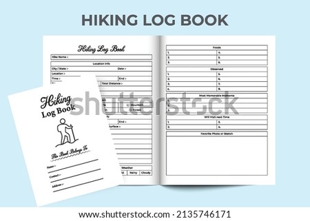 Hiking tracker notebook. Hiking location and other information checker journal. Interior of a logbook. Tour and Travel information planner notebook template. Trail tracker logbook.
