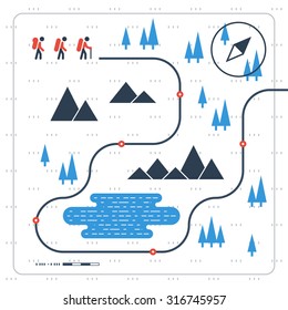 Hiking and tracking team in the mountains, sport orienteering in cross country, outdoor nordic walking. Group of people on trekking, trail map, vector illustration