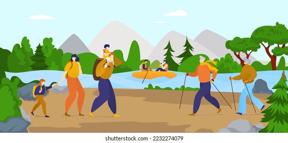 Hiking trail group of tourist people character together outdoor forest adventure trip healthy lifestyle flat vector illustration.
