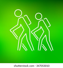 Hiking trail icon. Hikers sign. Hike symbol. Thin line icon on green background. Vector illustration.