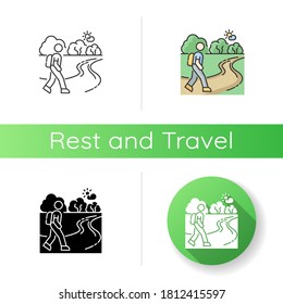 Hiking trail icon. Linear black and RGB color styles. Active outdoor recreation, trekking tour. Healthy lifestyle activity, fresh air walks. Tourist in forest isolated vector illustrations