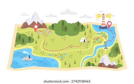 Hiking trail map. Mountain trekking path forest nature expedition travel route lighthouse camp tent adventure journey track way tour guide tourist orienteering vector illustration