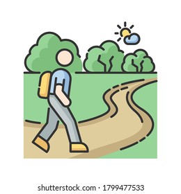 Hiking trail RGB color icon. Active outdoor recreation, trekking tour. Healthy lifestyle activity, fresh air walks. Tourist in forest isolated vector illustration