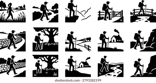 Hiking Trail Silhouette Collection Featuring Outdoor Adventure Trekking Walking Nature Exploration Mountain and Countryside Paths